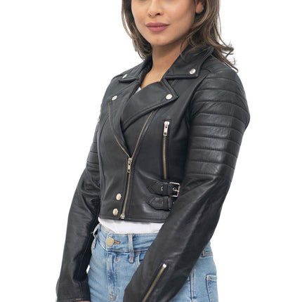 Womens Cropped Brando Leather Biker Jacket-Damascus
