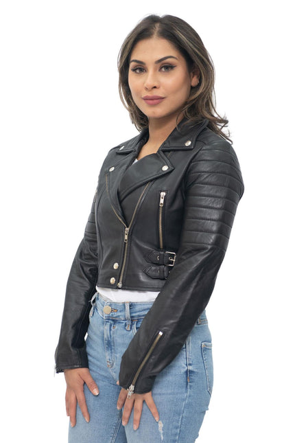 Womens Cropped Brando Leather Biker Jacket-Damascus