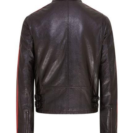 Mens Black Cafe Racer Striped Leather Jacket Vintage Biker Motorcycle Jacket