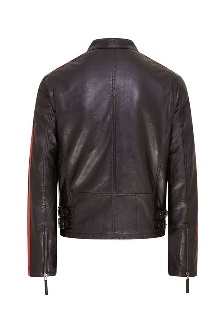 Mens Black Cafe Racer Striped Leather Jacket Vintage Biker Motorcycle Jacket