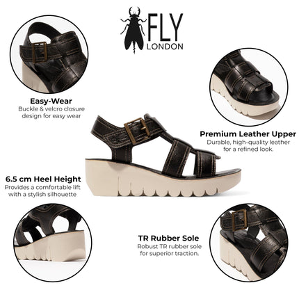 Fly London Women's Yudd236Fly Black Mousse Leather Wedge Sandals