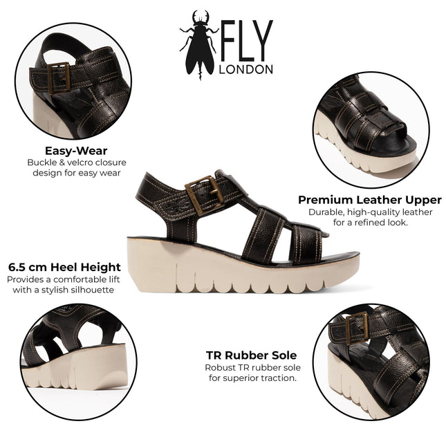 Fly London Women's Yudd236Fly Black Mousse Leather Wedge Sandals