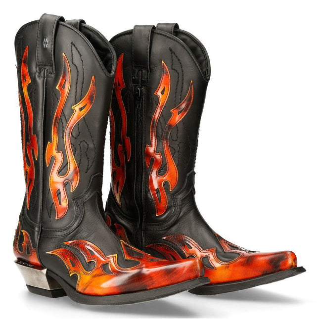 New Rock Flame Accented Black/Red Mid-Calf Cowboy Boots -7921-S2