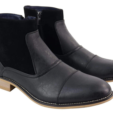 Mens Black Leather Suede Zip Up Chelsea Boots