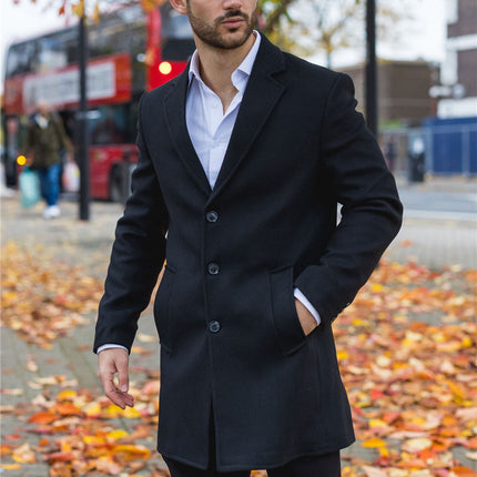 Men's Notched Lapel Collar Wool Blend Black Overcoat