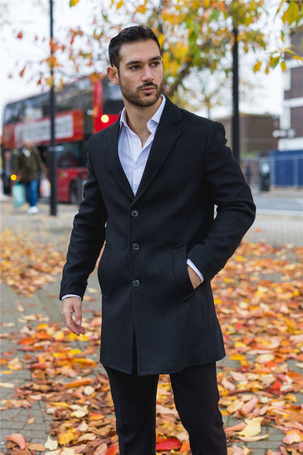 Men's Notched Lapel Collar Wool Blend Black Overcoat
