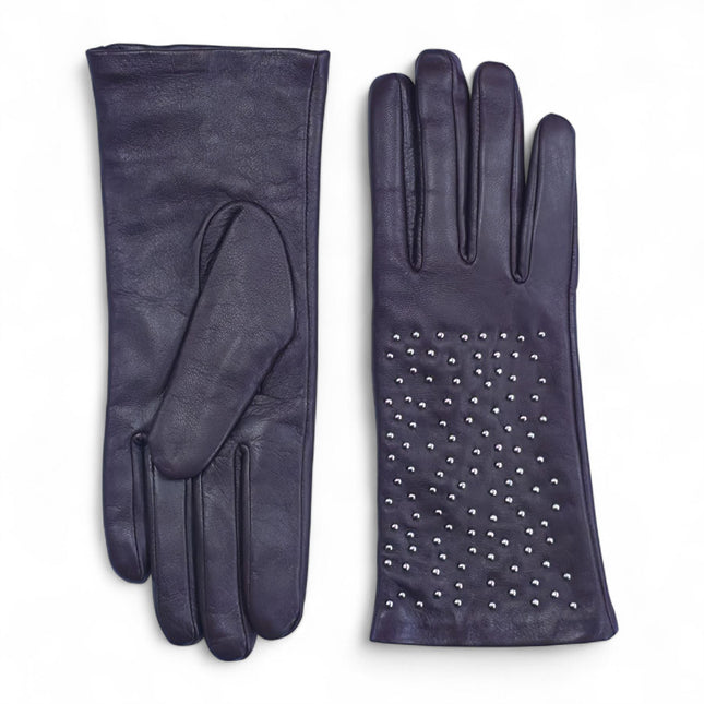 Womens Purple Italian Leather Winter Studded Design Soft Wool Lining Gloves - L-GLV-601
