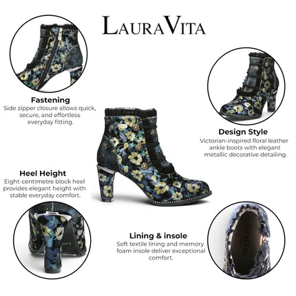 Laura Vita Floral Womens Victorian Blue Leather Heel Ankle Boots - Alcbaneo-130