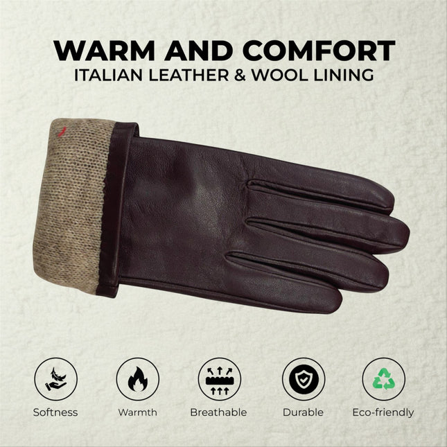 Womens Purple Italian Leather Winter Bow Design Soft Wool Lining Gloves - L-GLV-401