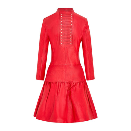 Womens Goth Red Leather Victorian Studded Flare Coat- Ribet