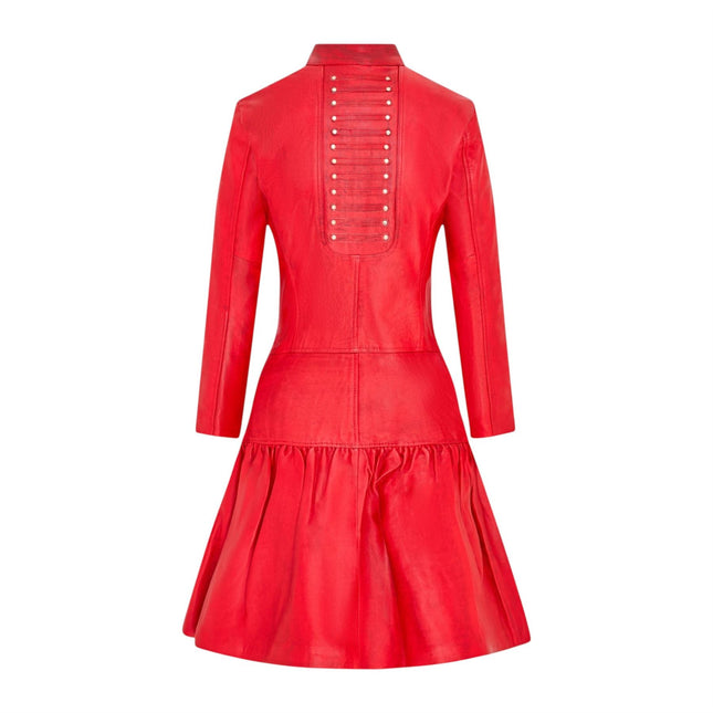 Womens Goth Red Leather Victorian Studded Flare Coat- Ribet