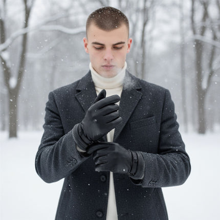 Men's Black Italian Leather Warm Wool Lining Winter Knit Rib Gloves - M-LGV-105