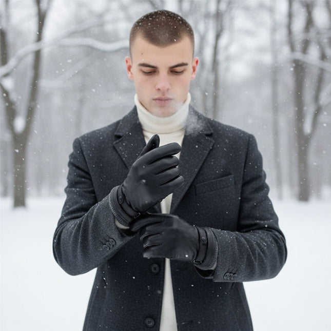 Men’s Black Italian Leather Warm Wool Lining Winter Knit Rib Gloves - M-LGV-105