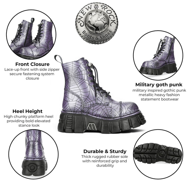New Rock Purple Leather Gothic Military Biker Boots - MILI084N-S3