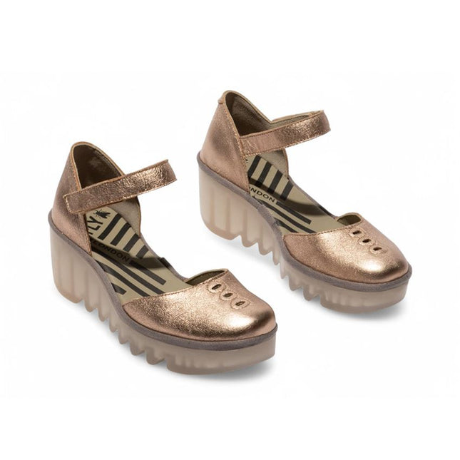 Fly London Women's Sahara Gold Biso305Fly Laminato Leather Wedge Sandals