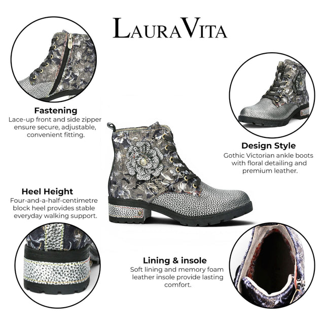 Laura Vita Women's Gothic Victorian Floral Grey Leather Lace-up Boots - Cocrailo-47