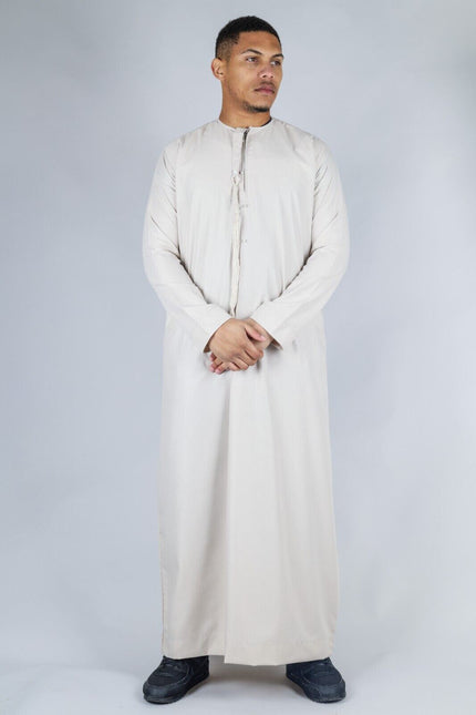 Men's Beige Thobe Emirati Islamic Jubba Robe Eid Tassel Slim Fit