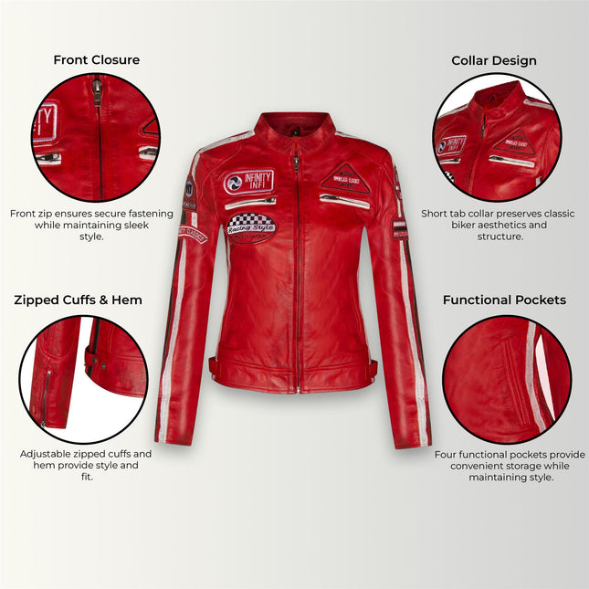 Womens Biker Racing Badges Leather Jacket-Eastleigh