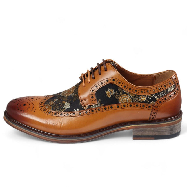 Justin Reess Men's Brown Leather Floral Print Brogue Dress Shoes - Ross