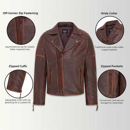 Mens Slim Fit Brando Style Double Cross Zip 100% Leather Biker Jacket
