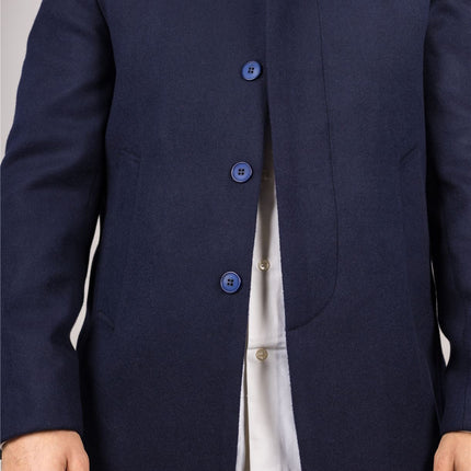Men's Navy Stand Collar Wool Blend Overcoat