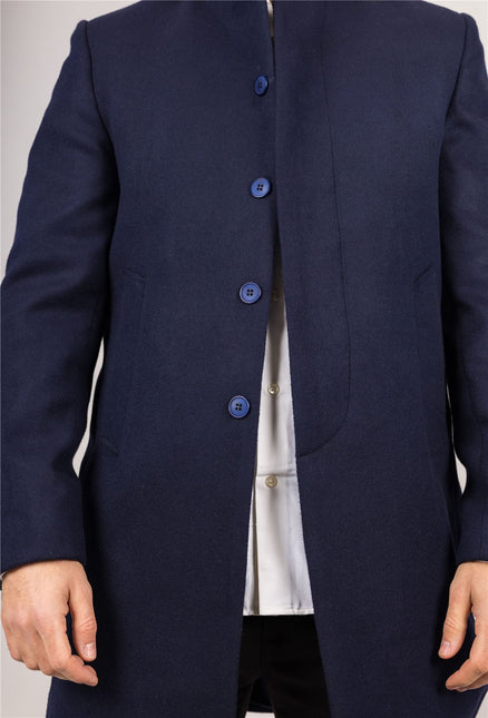 Men's Navy Stand Collar Wool Blend Overcoat