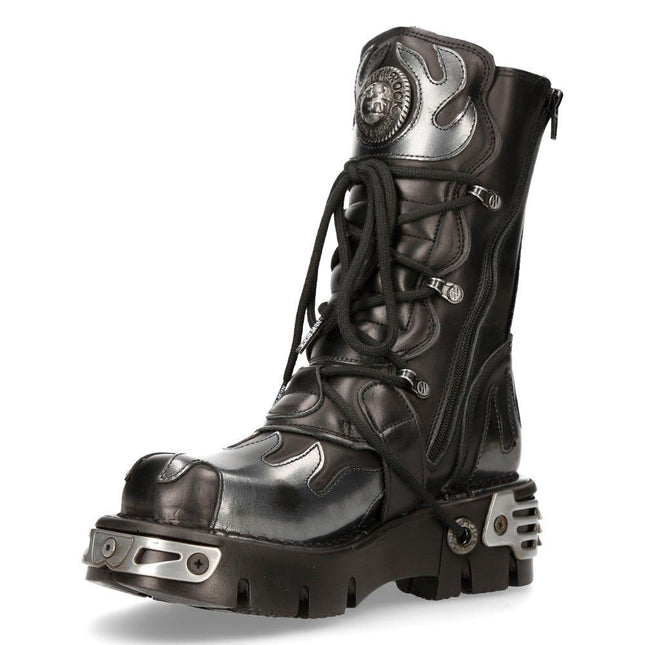 New Rock Flame Accented Black/Silver Leather Boots -591-S2