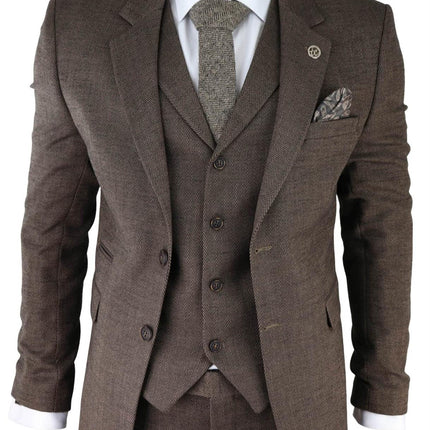 Mens Brown 3 Piece Tweed Herringbone Suit Peaky Blinders Classic Tailored