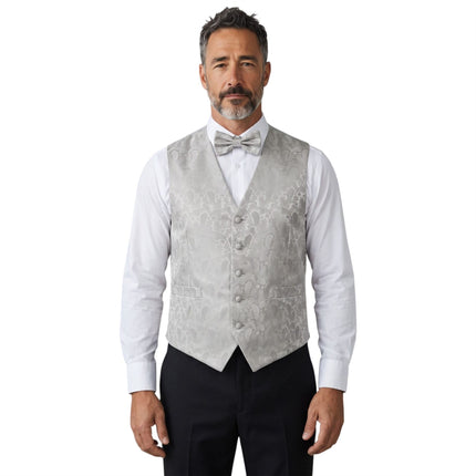Men's Grey Paisley Floral 3 Piece Waistcoat Bow Tie Hankie Set - Robert