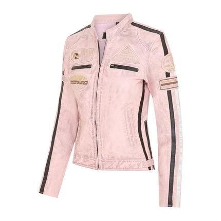 Womens Biker Racing Badges Pink Leather Jacket-Eastleigh