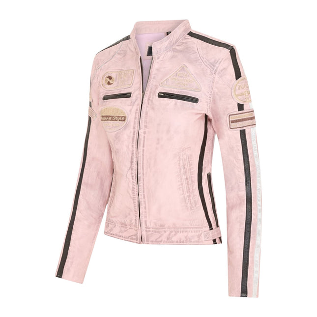 Womens Biker Racing Badges Pink Leather Jacket-Eastleigh