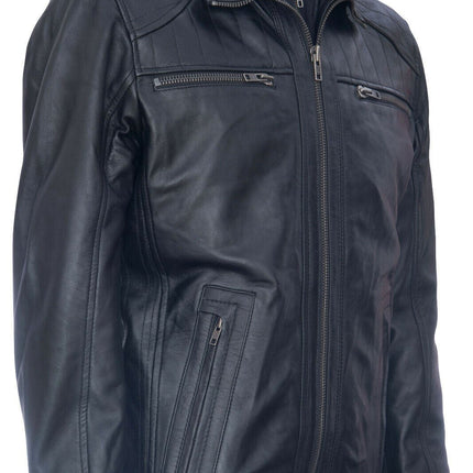 Mens Black Hooded Leather Biker Jacket-Salvador