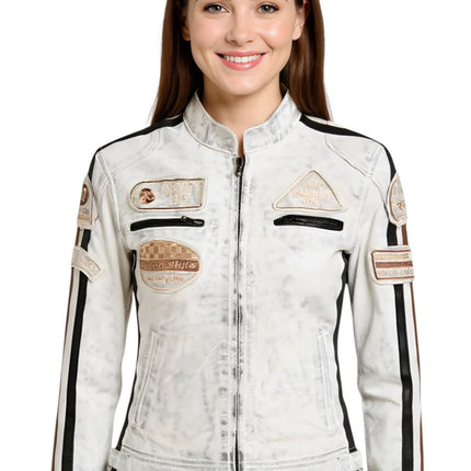 Womens Biker Racing Badges Leather Jacket-Eastleigh