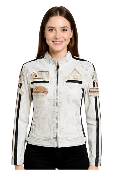 Womens Biker Racing Badges Leather Jacket-Eastleigh