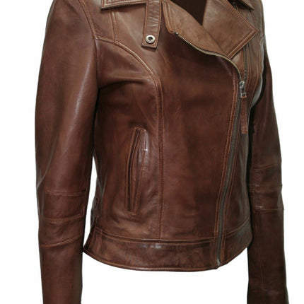 Womens Chestnut Leather Biker Jacket-Reynosa