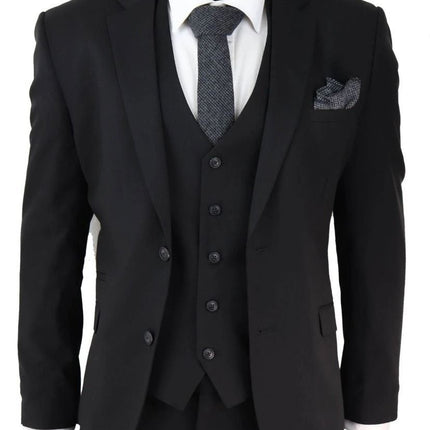 Mens 3 Piece Plain Black Classic Retro Tailored Suit