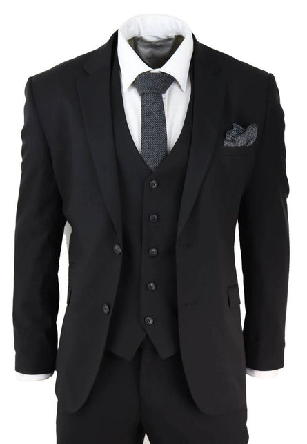 Mens 3 Piece Plain Black Classic Retro Tailored Suit