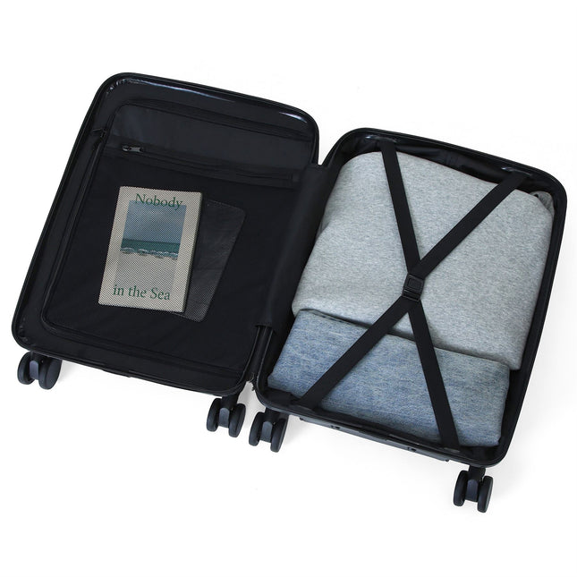 Hybrid ABS+PU Hard Shell Black Suitcase Set 8 Wheel Front Pocket Luggage