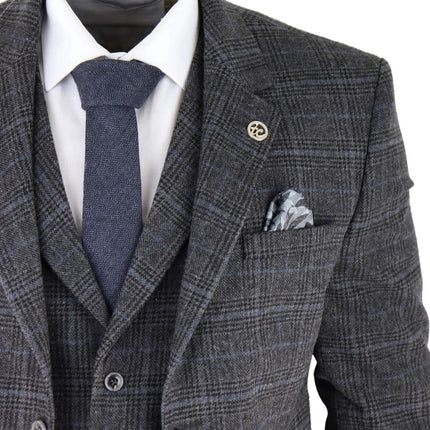 Mens Grey Check 3 Piece Tweed Suit Peaky Blinders 1920s Gatsby Tailored Fit