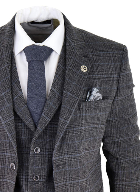 Mens Grey Check 3 Piece Tweed Suit Peaky Blinders 1920s Gatsby Tailored Fit