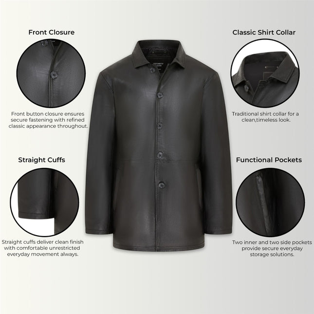 Men's Black Leather Long Collared Car Coat Jacket - Berry