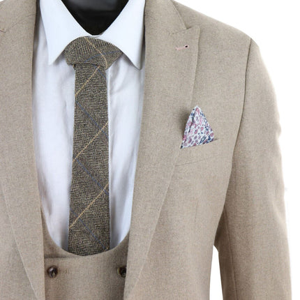 Mens Tweed 3 Piece Beige Formal Wedding Suit