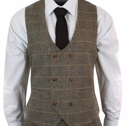 Mens 3 Piece Tan Herringbone Tweed Check Suit