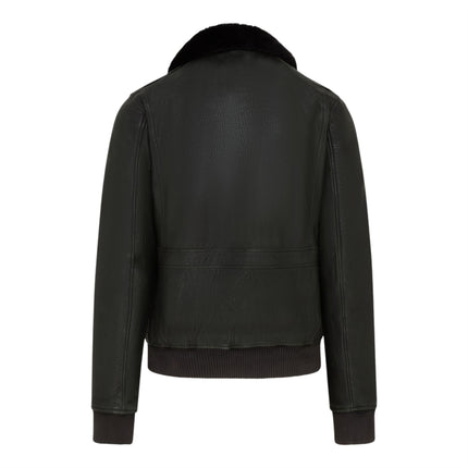 Mens Dark Green Leather Aviator Bomber Jacket - Lunar