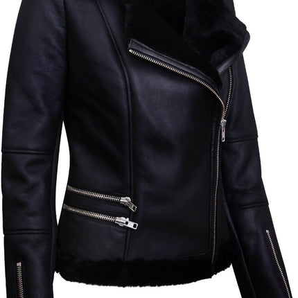 Womens Black Shearling Sheepskin Aviator Jacket-Kiev
