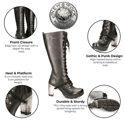New Rock M-Tr005-S1 Ladies Knee High Black Gothic High-Heeled Boots