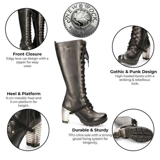 New Rock M-Tr005-S1 Ladies Knee High Black Gothic High-Heeled Boots