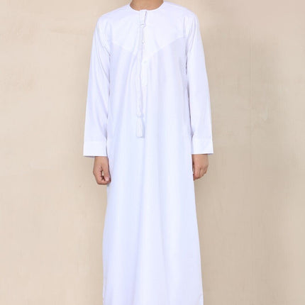 Boy's Kids White Thobe Emirati Jubba Islamic Clothing Kaftan Eid String Tassel
