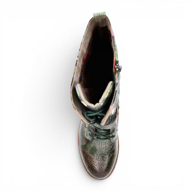 Laura Vita Women's Victorian Floral Green Leather High Lace-Up Long Boots - Cocrailo-82