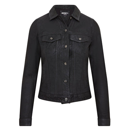 Womens Black Leather Trucker Jeans Jacket-  Doha